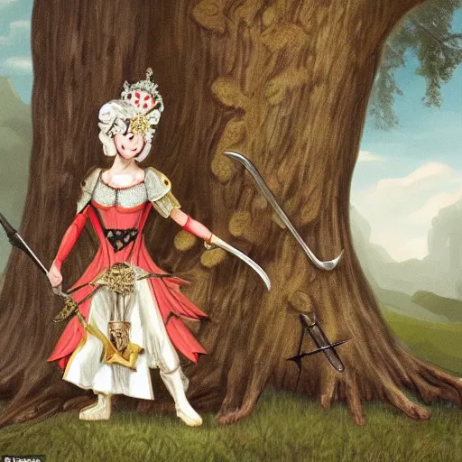 Image similar to an anthropomorphic poppy flower wears an iron breastplate with a gilded crown crest on it, holding a sword and shield as if she's ready for battle, standing next to a large tree stump that seems to be made out of white marble or stone