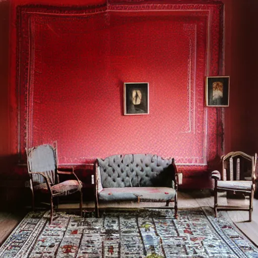 Image similar to Full view of a wide and very dark parlor that is dimly lit by a morning sunbeam coming through a window, dust glints in the air, plain gray walls have slightly cracked with time, a single photo with a broken frame hangs crooked on the wall, a small tattered Persian rug with muted colors is on the floor, a child\'s dull red wagon is in the corner of the room filled with old books, a ceiling fan with an old draw string, cinematic, vignette, ultrarealistic, super high resolution, photograph, still, serene, low energy, 4K, lighting study