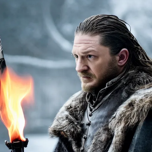 Image similar to A cinematic film still of Tom Hardy starring as Eddard Stark, he is holding a sword made of flame, portrait, 40mm lens, shallow depth of field, split lighting, cinematic