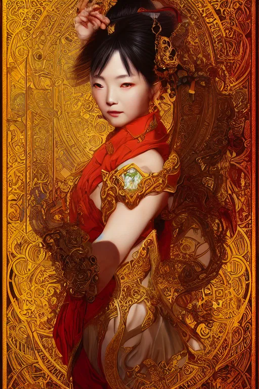 Prompt: tarot card artstation, portrait of a japanese love dancer, sunrise, baroque ornament and rococo ornament, ancient chinese ornate, hyperdetailed, beautiful lighting, craig mullins, mucha, klimt, yoshitaka amano, red and gold and orange color palette