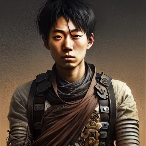 Prompt: portrait painting of a post - apocalyptic japanese young man wearing rusty samurai armor, ultra realistic, concept art, intricate details, eerie, highly detailed, photorealistic, octane render, 8 k, unreal engine. art by artgerm and greg rutkowski and charlie bowater and magali villeneuve and alphonse mucha