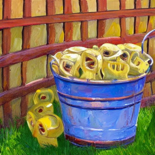 Prompt: highly detailed oil painting of a bucket full of false teeth outside a farmhouse, colorful, sunny