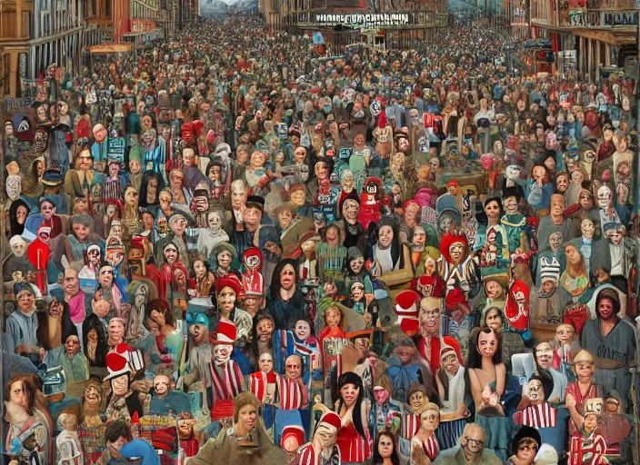 Prompt: where's waldo, creepy people, lowbrow, matte painting, 3 - d highly detailed, in the style of richard corbin