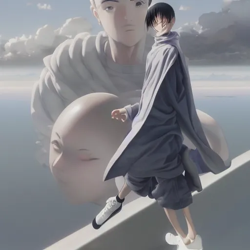 Image similar to franciscan monk wearing air max by Range Murata, Katsuhiro Otomo, Yoshitaka Amano, and Artgerm. anime illustration, 8K resolution