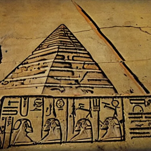 Prompt: ancient egyptian hieroglyphics of kermit the frog building the pyramids from a flying saucer