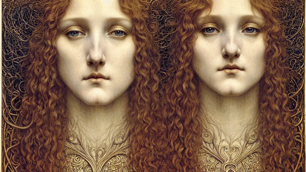 Image similar to detailed realistic beautiful young medieval queen face portrait by jean delville, gustave dore and marco mazzoni, art nouveau, symbolist, visionary, gothic, pre - raphaelite. horizontal symmetry