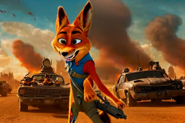 Image similar to nick wilde ( from zootopia ), heavily armed and armored facing down armageddon in a dark and gritty reboot from the makers of mad max : fury road