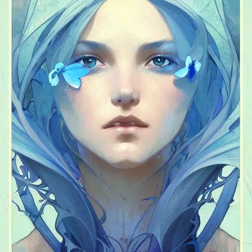 Prompt: blue butterflies pattern separated artstation, concept art, smooth, sharp focus, illustration, cinematic lighting, art by artgerm and greg rutkowski and alphonse mucha - n 5