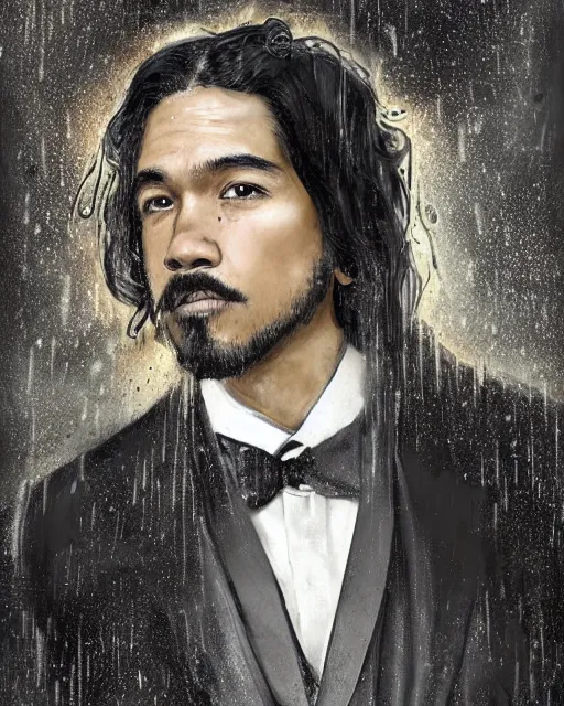 Prompt: a highly detailed portrait of carlos valdes radiating a powerful energy aura, ornate black tuxedo, clean - shaven!!!!!!!!!!!!!!, wispy tendrils of smoke, intricate, digital painting, old english, raining, sepia, particles floating, whimsical background by marc simonetti, artwork by liam wong