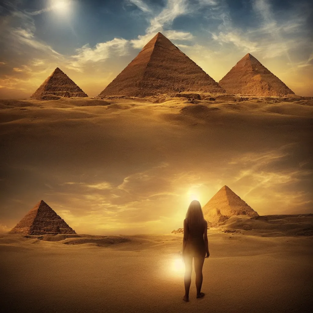 Image similar to “ a woman sees a paradox in front of her unfolding, a golden light shines above, a golden pyramid appears on the horizon, highly detailed in 4 k ”