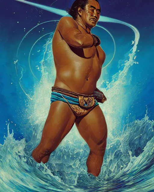 Image similar to duke kahanamoku as a hawaiian warrior emerging from a surrounded intergalactic planets connected by streams of multiversal flow, sigma male, gigachad, lush garden, diamond head backdrop, visually stunning, luxurious, by wlop, james jean, jakub rebelka, tran nguyen, peter mohrbacher, yoann lossel