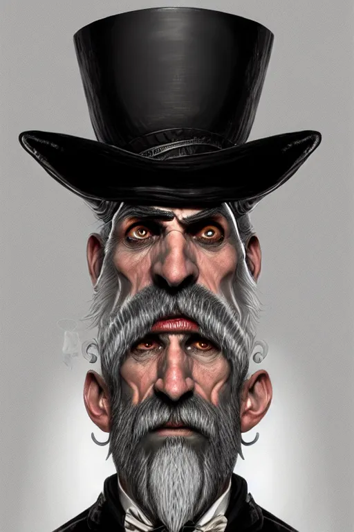 Image similar to silver monocle, portrait of a middle aged grey haired man with a top hat in the style of god of war, golden machine parts, intricate, elegant, highly detailed, digital painting, artstation, concept art, smooth, sharp focus, illustration, art by artgerm and greg rutkowski and alphonse mucha, 8 k