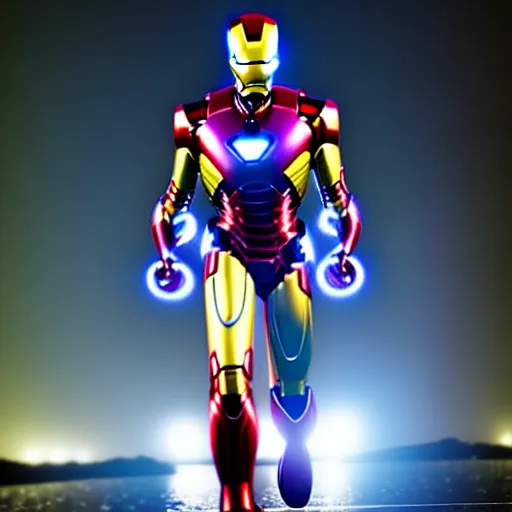 Image similar to photorealistic, hyperdetailed portrait of tony stark wearing a fully chrome iron man suit, night, city, rain, dense fog, hd, 8 k resolution, unreal engine 5