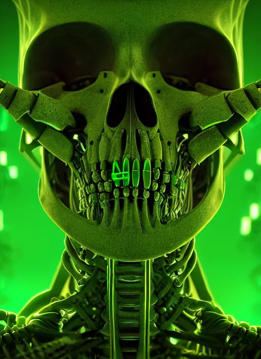 Image similar to extreme close up, portrait of a cyber skeleton, green glowing runes, exuding green energy runes, intricate, elegant, eerie lights, grim dark, ancient, gloomy, atmospheric, highly detailed, digital painting, artstation, concept art, smooth, sharp focus, illustration, art by wlop, mars ravelo and greg rutkowski