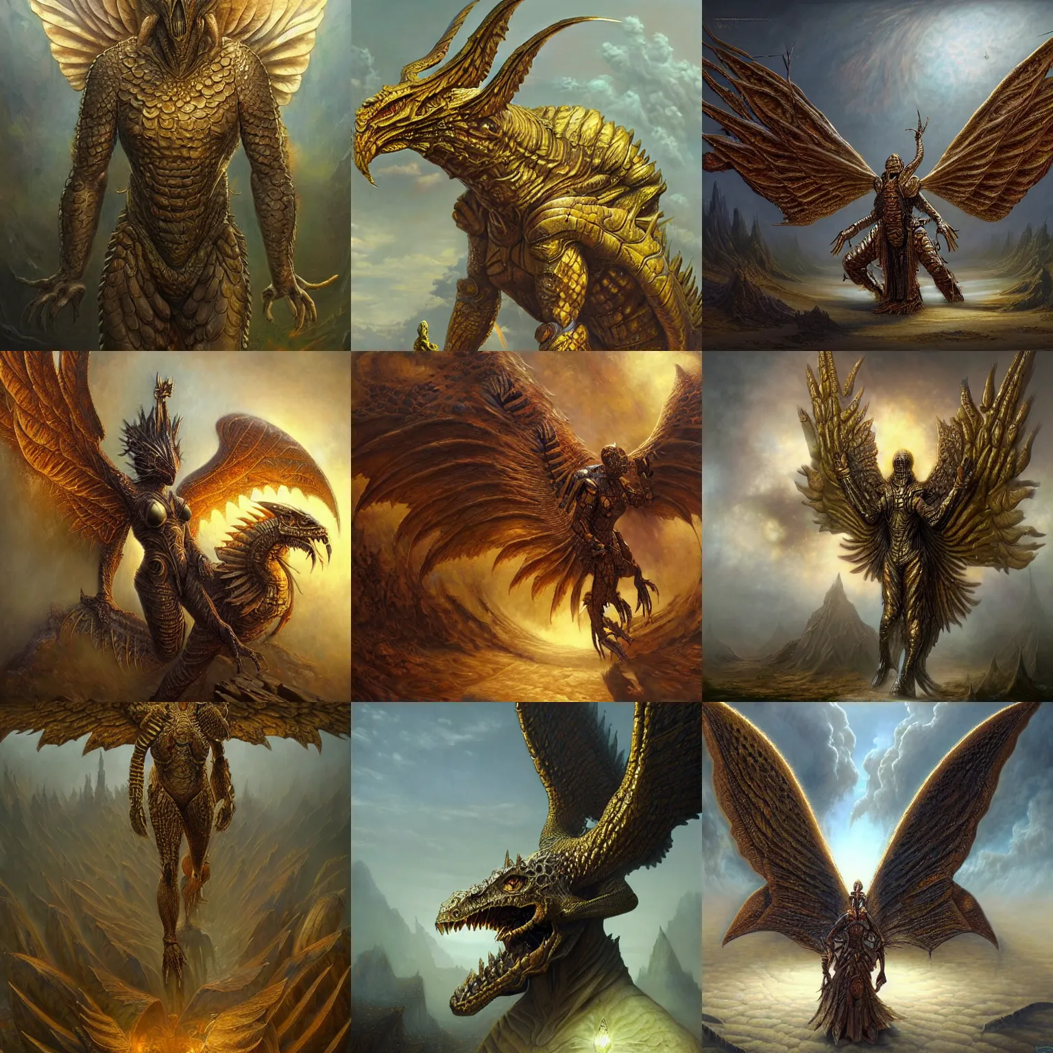 Prompt: humanoid reptile wearing fantasy golden armor, and giant wings, ultra detailed, by Tomasz Alen Kopera and greg rutkowski