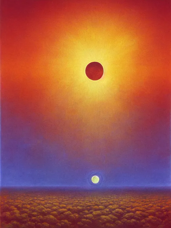 Image similar to A view of the sky from the ground. The sky shows many suns in eclipse, lined up to the horizon. Extremely high details, realistic, fantasy art, solo, masterpiece, saturated colors, colorful, art by Zdzisław Beksiński, Dariusz Zawadzki