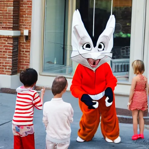 Image similar to paparazzi photo Man in Bugs Bunny costume spying on children at a birthday party, high quality, good lighting, masterpiece, beautiful beautiful beautiful beautiful beautiful