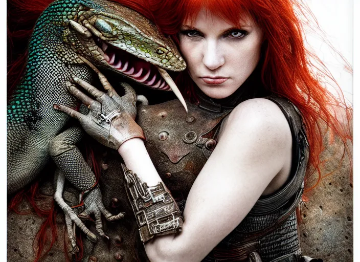 Image similar to 5 5 mm photo of an armored redhead woman with a lizard sitting on her shoulder by luis royo. highly detailed 8 k. intricate. lifelike. soft light. nikon d 8 5 0. cinematic post - processing