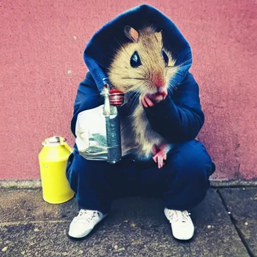 Image similar to “ hamster dressed as a homeless person sitting at an intersection with arms stretched out holding a tin can ”