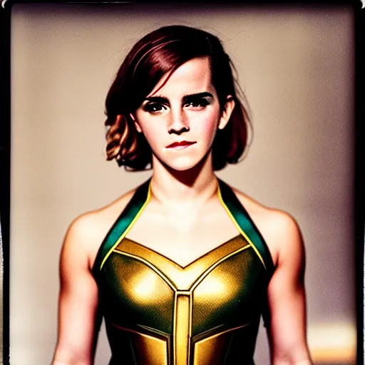 Image similar to beautiful Emma Watson as The Wasp from Marvel, boxing moment of knock out with brews blood sweating, photography photojournalism, very grainy image, 50mm lens, close up portrait polaroid