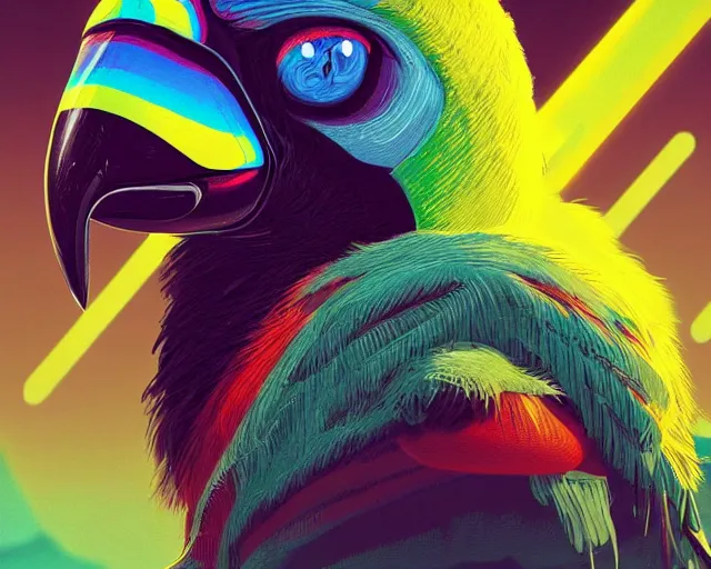 Image similar to tucan on the moon with neon cute giant eyes, intricate abstract. intricate artwork, by tooth wu, wlop, beeple, dan mumford. concept art, octane render, trending on artstation, greg rutkowski very coherent symmetrical artwork. cinematic, key art, hyper realism, high detail, octane render, 8 k, iridescent accents