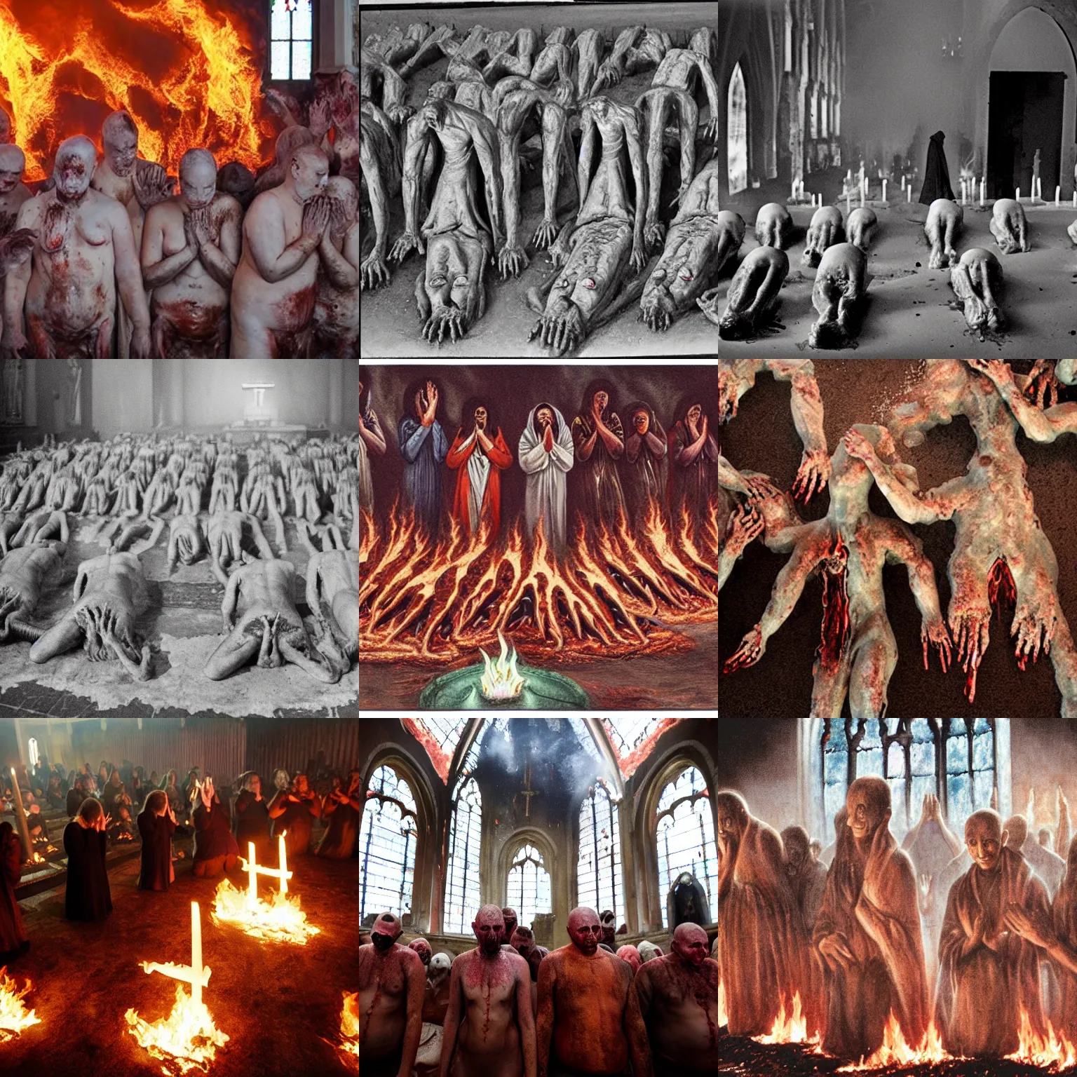 Prompt: Religious melting flesh creatures praying for atonement in a burning church