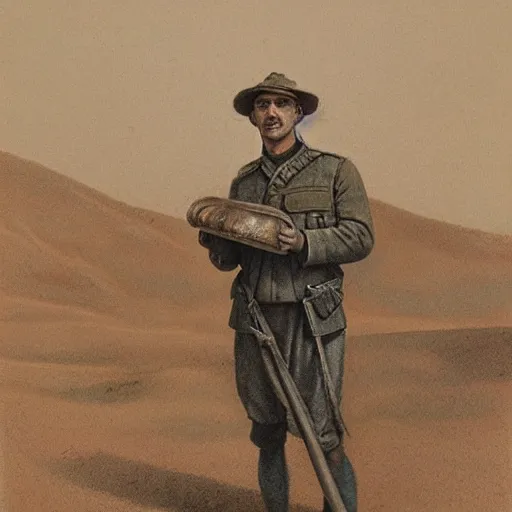 Image similar to a detailed photorealistic sepia - toned color portrait painting of a 1 9 1 7 worried clean - shaven british lieutenant in field gear in north arabia examining an ancient cylindrical clay jar, ultra realistic, intricate details, atmospheric, dark, horror, brooding, highly detailed, by clyde caldwell