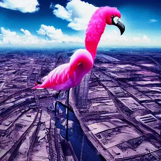 Prompt: toni wearing a flamingo fashion, photoshop, colossal, creative, giant, digital art, city, photo manipulation, clouds, sky view from the airplane window