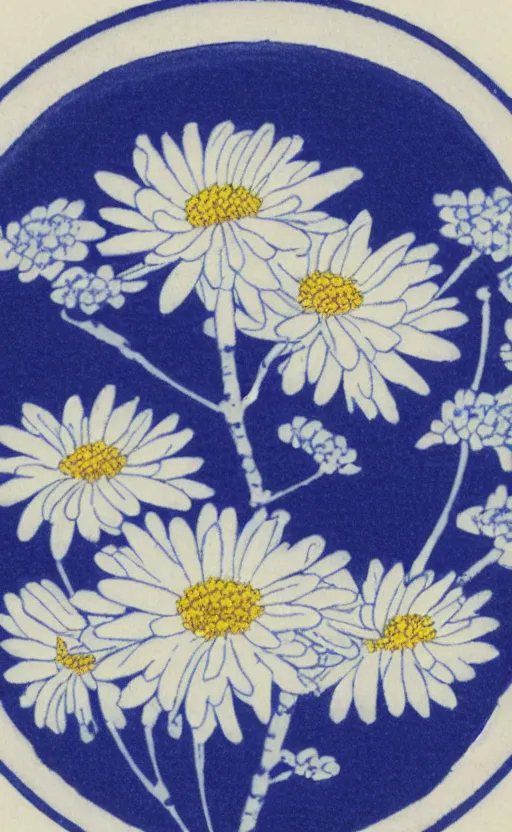 Image similar to by akio watanabe, manga art, chrysanthemum flower inside blue and white japanese sake cup, trading card front