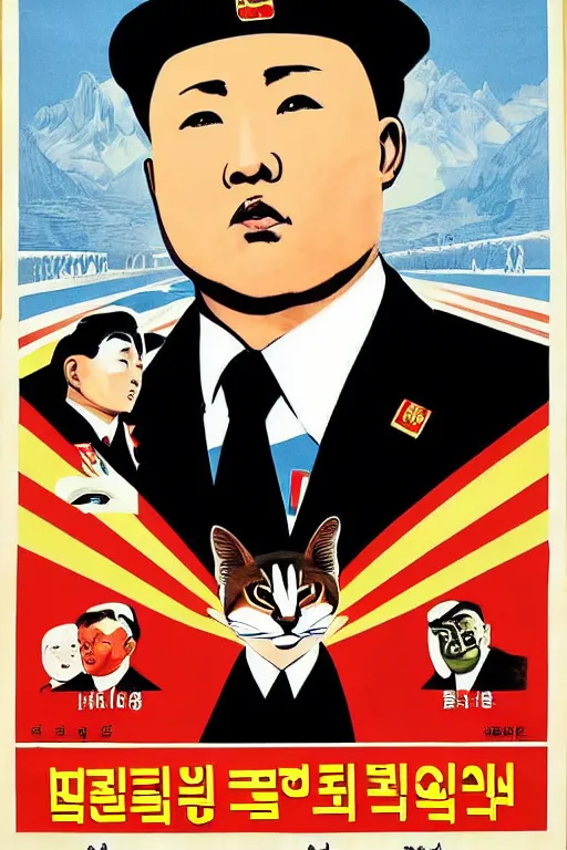 Prompt: north korean propaganda poster, caracal cat, big floppa, dictator, caracal as great ruler, leader, god emperor, fascist propaganda, ( ( human ) )