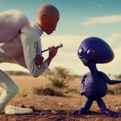 Image similar to cinematic film still of Pharrell Williams Making A Beat with an anthropomorphic alien, Japanese VFX, 2018, 400mm lens, f1.8, shallow depth of field,film photography