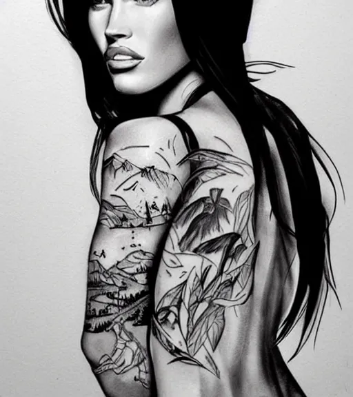 Prompt: tattoo design sketch of megan fox portrait against a background of beautiful mountains and nature, hyper - realistic, in the style of den yakovlev, amazing detail, black and white
