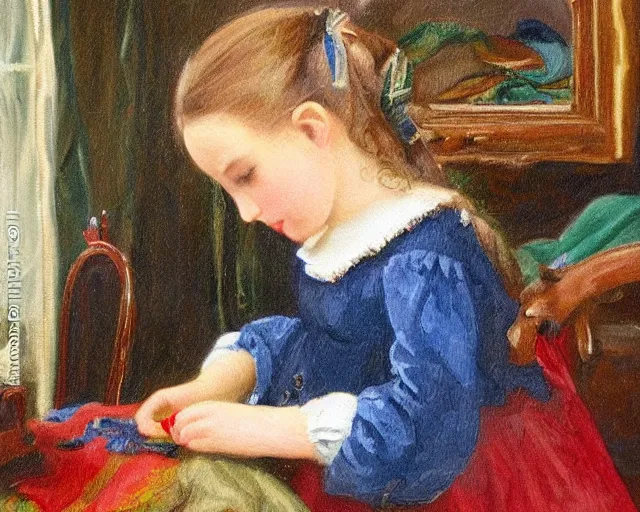 Prompt: oil painting of little girl jane ayre sewing a red green and blue blouse, inside a victorian - era house, victorian decorations