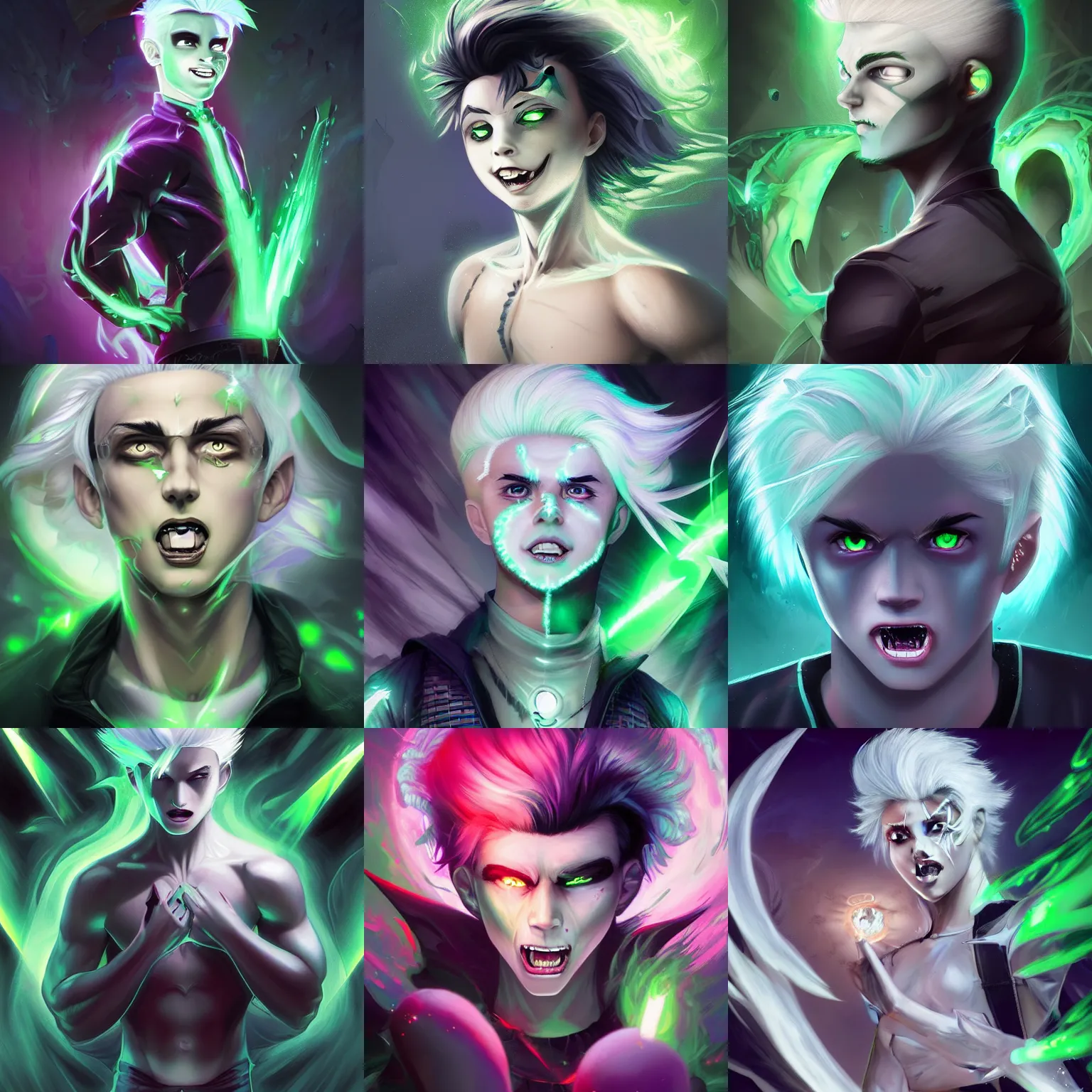 Prompt: Young Danny phantom with white hair and glowing green eyes and sharp fangs teeth, alt art, alt fashion, digital matte intricate illustration concept art, by WLOP and Ross Tran and Charlie Bowater and Artgerm and Mark Arian, neon colors, symmetry, greco-roman art, intricate complexity, epic composition, magical atmosphere, highly detailed, photorealistic face, cinematic lighting, masterpiece, trending on artstation + 8k