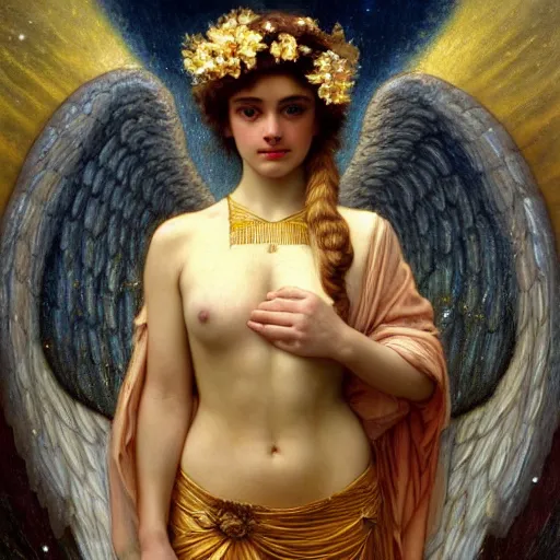 Prompt: highly detailed oil painting | very intricate | cinematic lighting | award - winning | the beautiful angel of saturn wearing a flowing toga | by godward, by tom bagshaw, by j. c. leyendecker and klimt, beautiful cinematic light, american romanticism, by alphonse mucha, artstation, cgsociety, official art, octane, detailed face