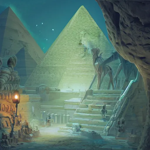 Prompt: mummy sarcophagus, pyramid interiors, wall craved with egypt art, bioluminescence, commit, treasure, vegetation, colorful, rim light, highly detailed, digital painting, concept art, smooth, sharp focus, pleasing aesthetics, josan gonzalez, michael dante dimartino, simon stalenhag, octane render, disney pixar, 4 k