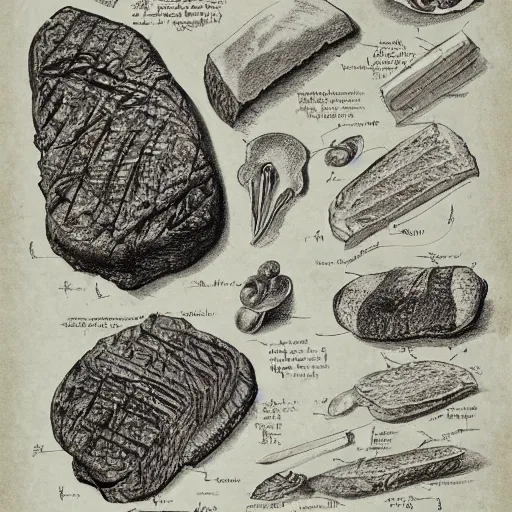 Prompt: highly detailed schematic of steak, parchment, da vinci