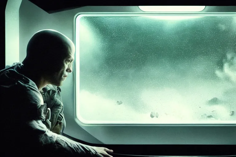 Image similar to a cinematic painting of an alien creature inside of spaceship looking out of a small rainy window, beautiful lighting, high depth, ultra realistic, artistic, by annie leibovitz and zack snyder