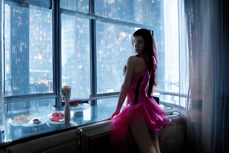 Prompt: cinematography portrait of a room service girl in a cyberpunk apartment by Emmanuel Lubezki