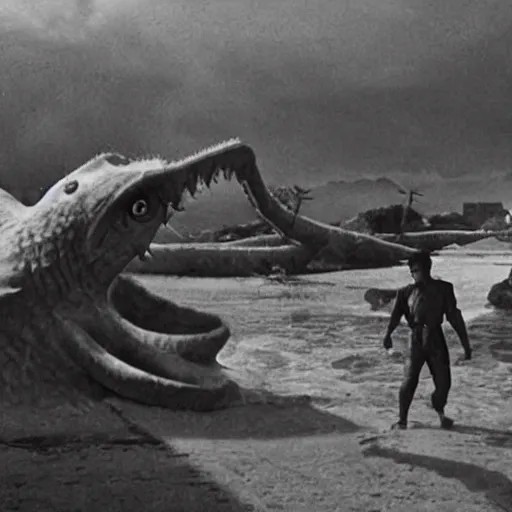 Image similar to a couple escaping from a giant Kaiju Starfish Monster over a traditional Korean village, minimal cinematography by Akira Kurosawa, movie filmstill, film noir, thriller by Fritz Lang and Shin Sang-ok