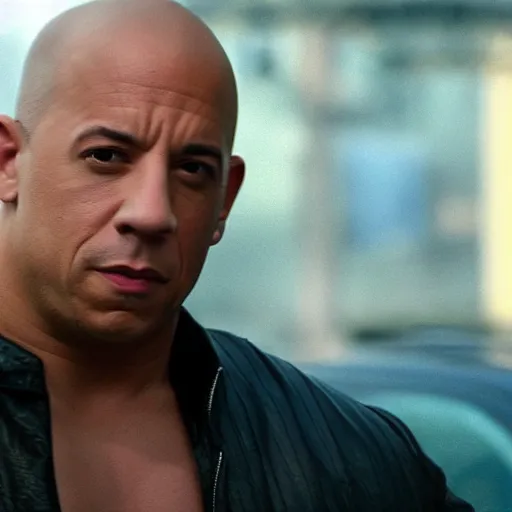 Image similar to vin diesel riding a toy car, action movie, movie scene, hd, 8 k, cinematic, car chase