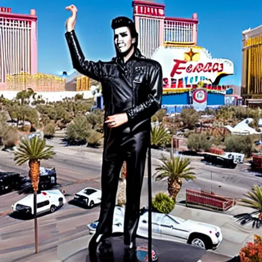 Prompt: Giant Elvis Presley towering over Las Vegas