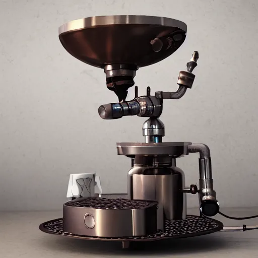 Prompt: dslr photo of a steampunk robotic espresso machine with small scientific gears, android coffee shop, 4 k, photorealistic, octane render, unreal engine, cafe lighting, cinematic, by ridley scott,