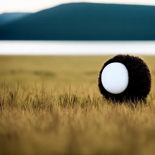 Prompt: an aerial photo of Kanye West carrying a small glowing white orb standing in a field of dead grass next to a lake, wide angle, in the distance, far away, vintage photo, film grain, cold weather