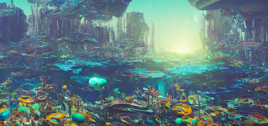 Prompt: futuristic cityscape underwater with colourful corals on flynn reef with starfish shaped buildings by oscar niemeyer, coral bridges by wlop, solarpunk, cyberpunk, biopunk, alien dna, golden ratio, rule of thirds, octane render sidefx isotropix nvidia omniverse materialx osl redshift arnold unreal engine, hyper detailed