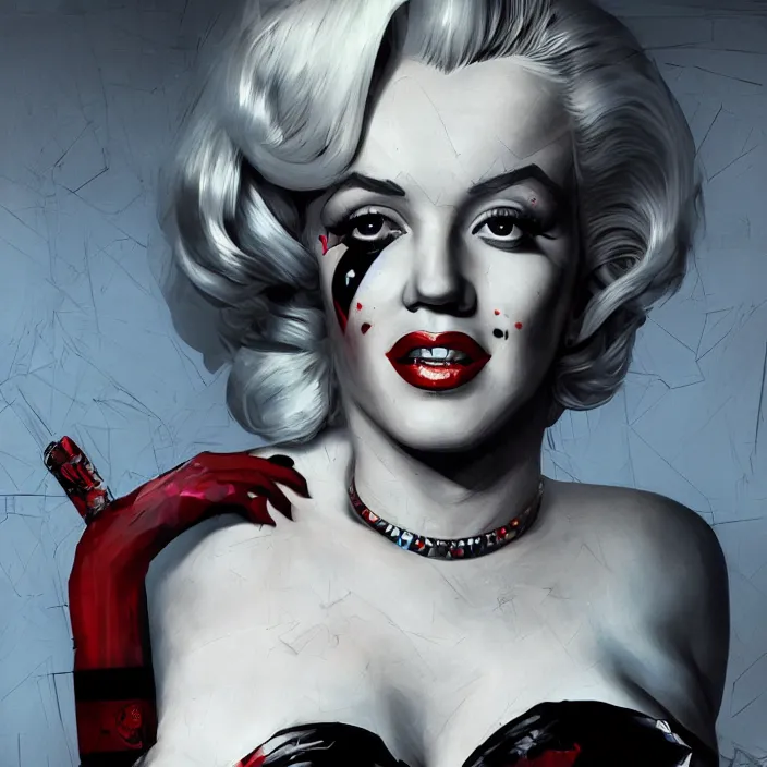 Image similar to portrait of Marilyn Monroe as a harley quinn. intricate abstract. intricate artwork. by Tooth Wu, wlop, beeple, dan mumford. octane render, trending on artstation, greg rutkowski very coherent symmetrical artwork. cinematic, hyper realism, high detail, octane render, 8k, iridescent accents