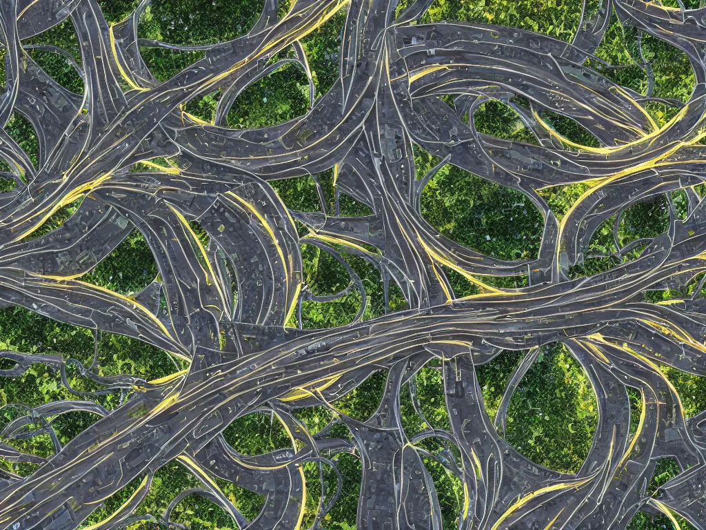 Prompt: highly complex highway in a utopian civilization seen from above, sci-fi, digital painting, trending on artstation, deviantart, 8k, epic composition, intrinsic details, AAA graphics