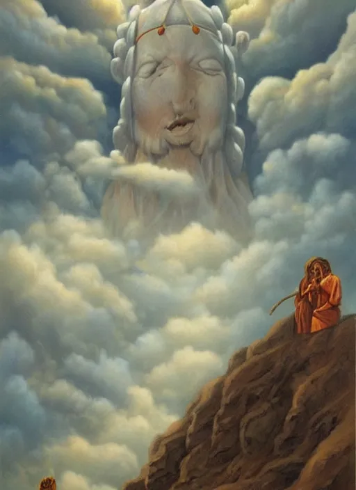 Prompt: faces of an indigenous amazonian grandfather and grandmother spirits in the clouds, smiling, protection, benevolence, ancestors, detailed faces, art by christophe vacher