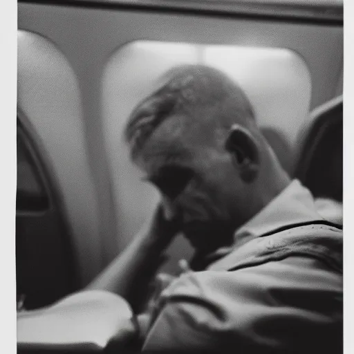 Prompt: a black and white photograph of a lonely man crying all by himself on an airplane, moody