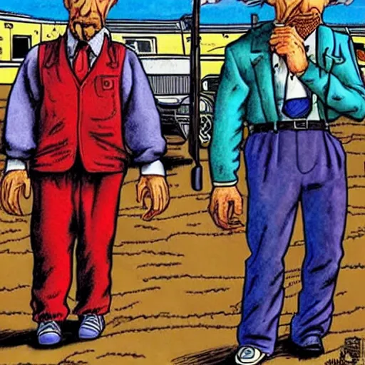 Image similar to The Artwork of R. Crumb and his Cheap Suit Breaking-Bad-Walter-White, pencil and colored marker artwork, trailer-trash lifestyle